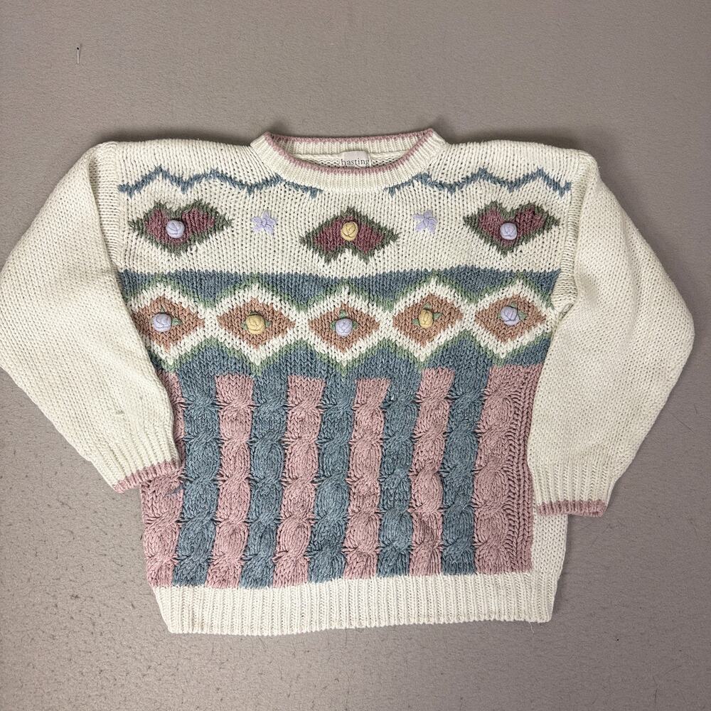 Vintage 80s Hasting & Smith Floral Cable Knit Sweater Women’s M Hand Knit